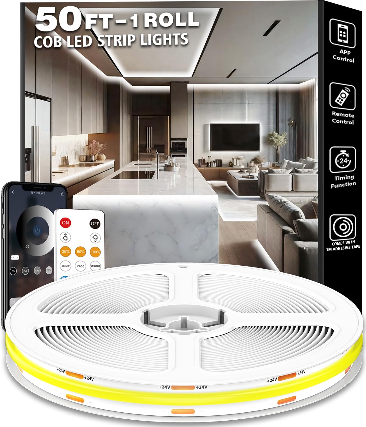 talkhigh 50FT COB Led Strip Lights, Bright Daylight White, Indoor Use, Remote Control, Cuttable, High Density, 24V