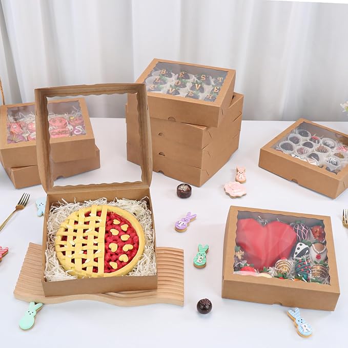 Brown Bakery Boxes with Window (6pcs, 9x9x2.5 Inch) for Christmas: Ideal for Pie, Cookies, Chocolate Covered Strawberries, Breakable Heart & Charcuterie