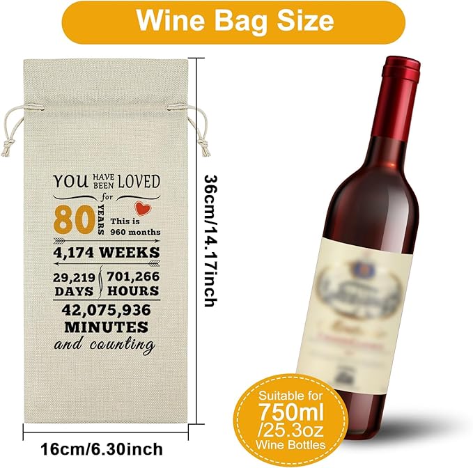 Sazuwu Happy 80th Birthday Gifts for Women Wine Bag 80 Year Old Birthday Gifts for Men Wine Bottle Storage Bag Funny Turning 80 Gifts Born in 1944 Gifts Wine Accessories Gifts for Wine Lovers