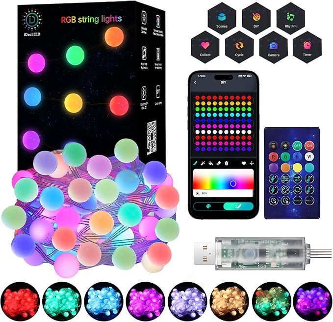 Super RGB Color Changing Globe String Lights, 66ft Smart RGB-IC Fairy Lights with Remote & APP Control, Mini Ball LED Twin...