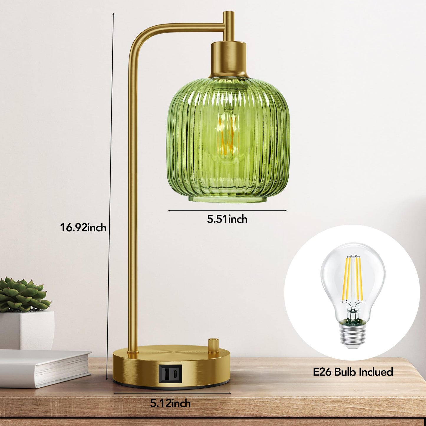 QiMH Table Lamp Set of 2, Gold & Green Glass, USB A&C Ports, Stepless Dimmable, Model STR-DL-0208, Nightstand & Office Decor