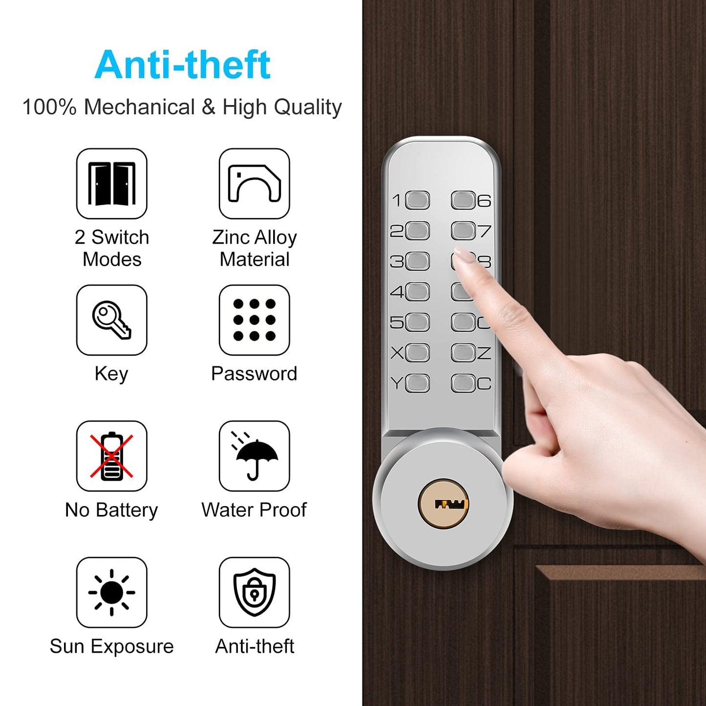 MeHiMe Mechanical Keyless Door Lock - No Electronic, Easy to Install, Keypad Handle for Garage, Hotel, Office, Warehouse