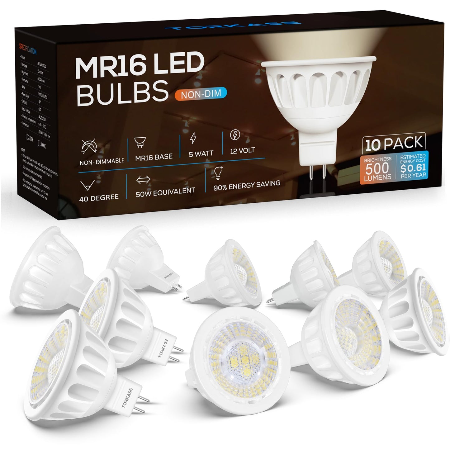 Torkase MR16 LED Bulbs, 5W 50W Halogen Replacement, GU5.3 Bi-Pin, 2700K Warm White, 10 Pack, Non-Dimm