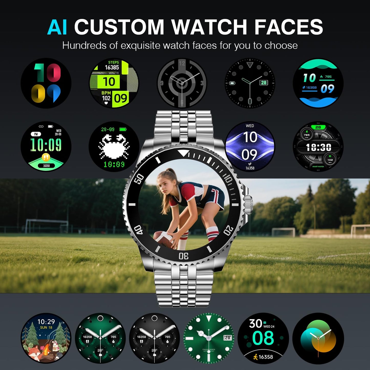 AI Smart Watch, DA GPT Waterproof Smartwatch, 1.19-inch AMOLED Display, 24/7 Heart Rate, Blood Oxygen, Blood Pressure, Sleep Monitor, 107 Sports Modes, Compatible Android and iOS Silver Black