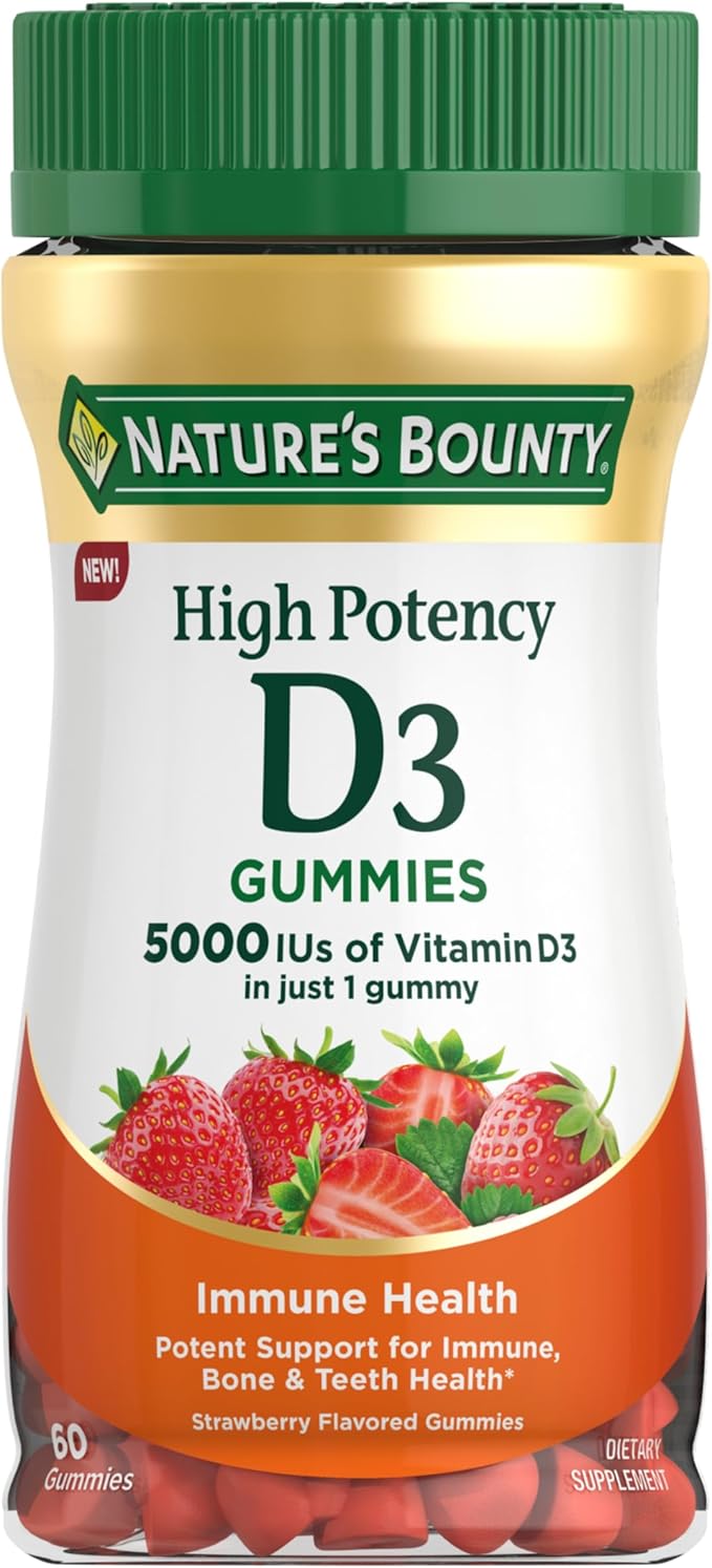 Nature's Bounty Vitamin D 5000 IU Gummies, Vitamin D3 High Potency Immune Support & Bone Health Supplement, 5000 IU in 1 Gummy, Strawberry Flavor, 2 Month Supply, 60 Vegetarian Gummies for Adults