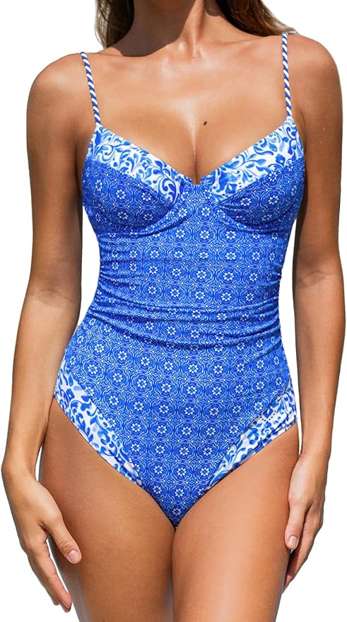 CUPSHE Women's One Piece Swimsuit V Neck Color Block Underwire Push Up Ruching Tummy Control Back Cutout Retro Textured