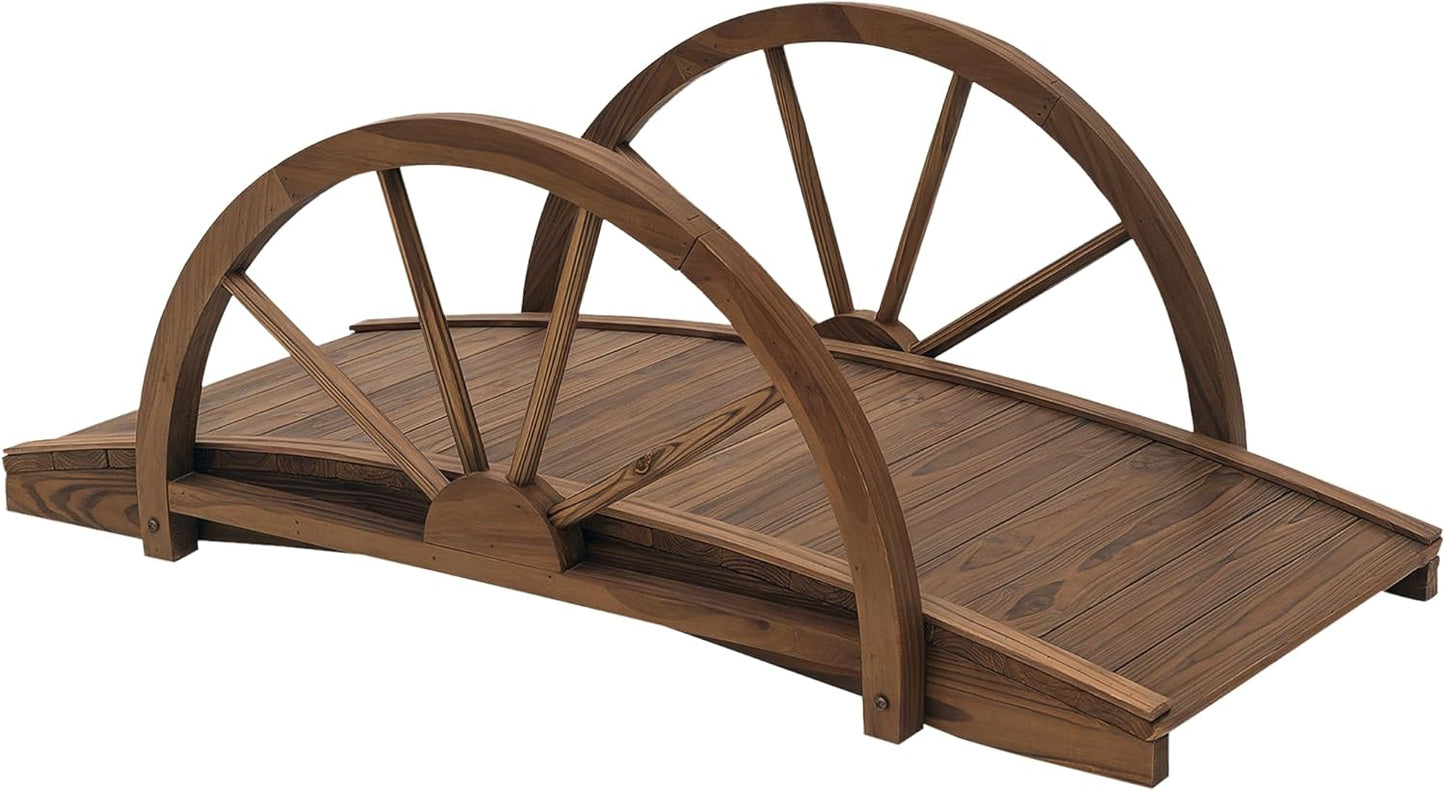 Outsunny 3.3ft Wooden Garden Bridge Arc Footbridge with Half-Wheel Style Railings & Solid Fir Construction, Stained Wood