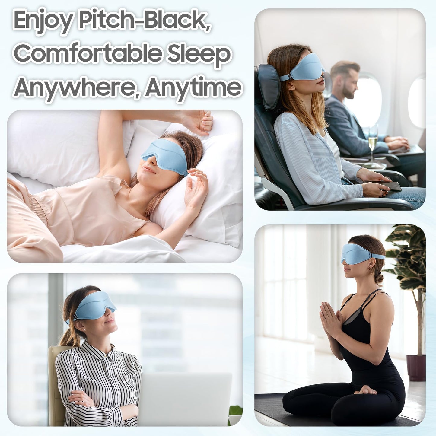 MOEASEii Sleep Mask - Total Blackout 3D Sleeping Mask, Super Lightweight & Silky Soft Eye Mask for Sleeping, Fully Adjustable Fit for Home, Office, Traveling, Meditation, Yoga, Light Blue