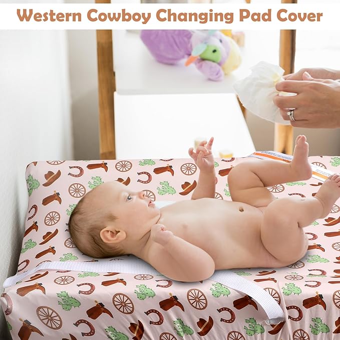4 Pcs Western Stretchy Baby Changing Pad Covers for Boys and Girls Soft Diaper Changing Table Pad Cover Breathable Comfy Newborn Baby Cradle Sheets Bedding Nursery 32 x 16 x 5 Inch