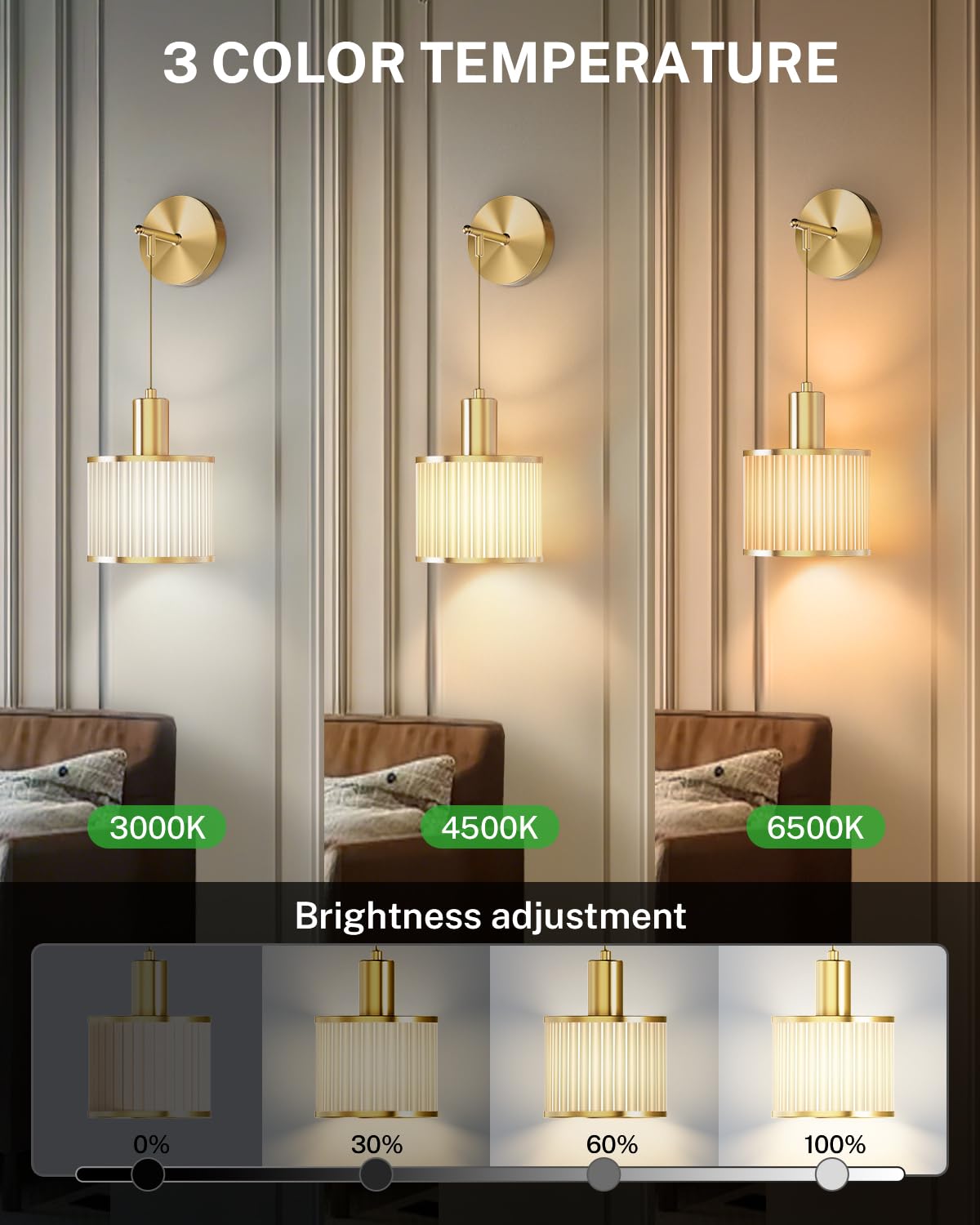 SAIMAND Battery Operated Wall Sconce Set of 2, Wireless Rechargeable LED Lamps, Dimmable, Gold + Beige, Model 001