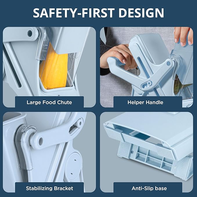 EMSON Safe Mandoline Slicer for Kitchen, All in 1 Mandoline Slicer for Food Works as Potato Slicer, Vegetable Slicer, Food Slicer, French Fry Cutter and More with 5 Blades and Storage Container