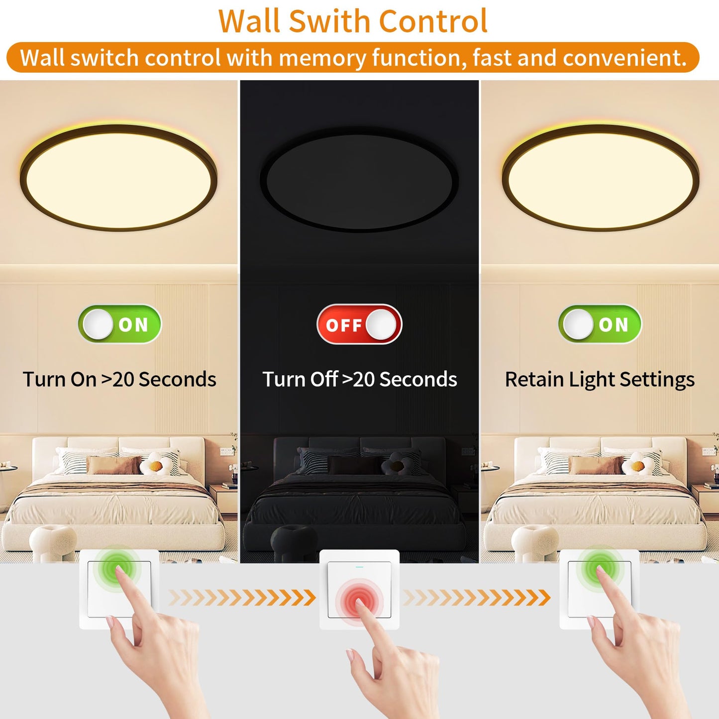 UprizeP Flush Mount Ceiling Light with Remote Control, 15in, 36W, Dimmable 3000-6500K, Night Light, Black, Model SK1038