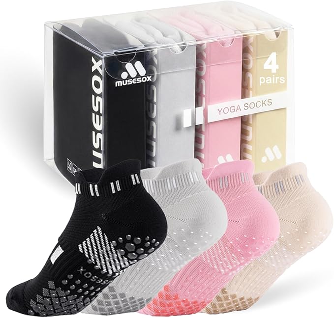 musesox 4 Pairs Non-Slip Pilates Socks for Women with grips,Grippy Ankle Socks for Yoga,Barre,Hospital,Gym,Dance