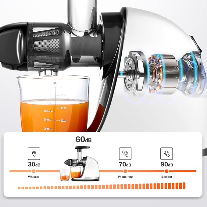 Cold PressJuicer,AMZCHEF Slow Masticating Juicer Machines with Reverse Function, High Juice Yield, Easy Clean with Brush,Recipes for High Nutrient Fruits and Vegetables, White(Updated)