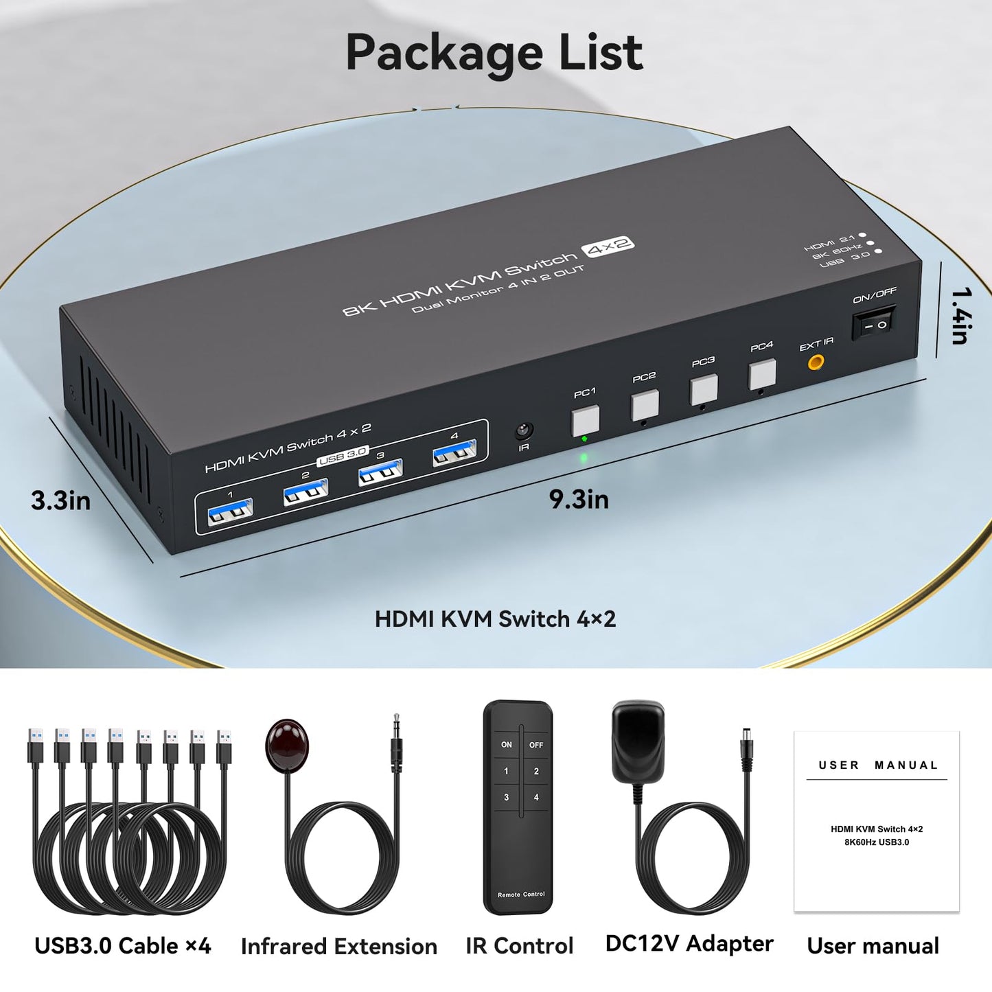 PVBCTCSID 4K120Hz HDMI KVM Switch 2 Monitors 4 Computers 8K60Hz EDID Emulation 4 Port KVM for 4 PC Sharing Dual Monitor and 4 USB 3.0 Devices Support Copy and Extend Mode with Controller