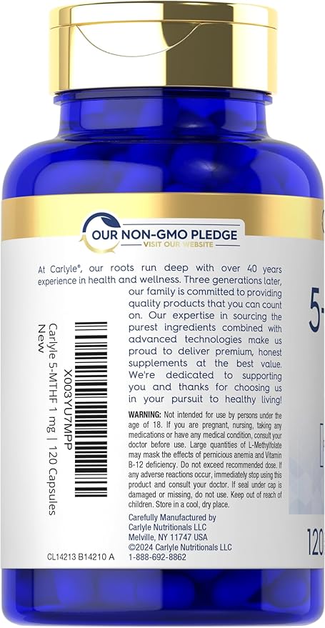 Carlyle 5-MTHF Folate Supplement | 1mg | 120 Capsules | Premium Quality L Methylfolate | Non-GMO, Gluten Free