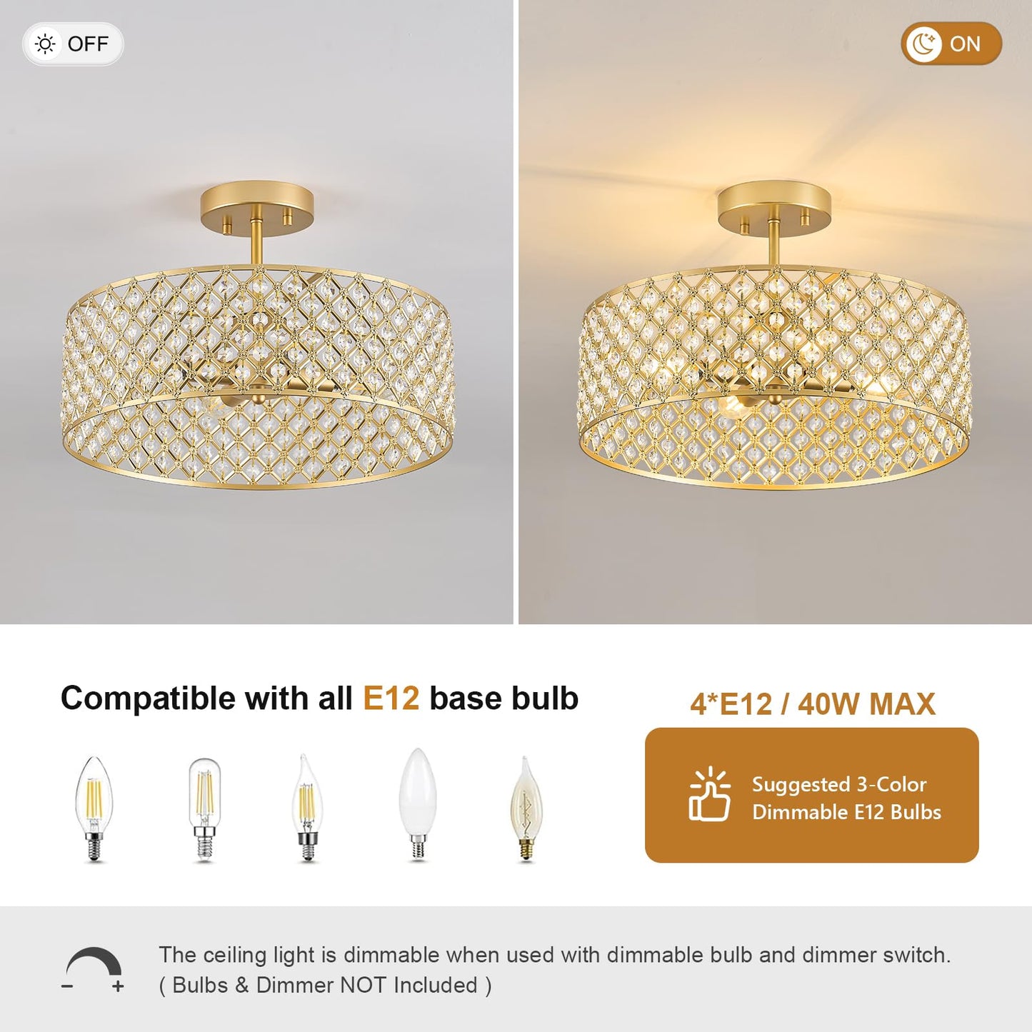 Bzvesr Gold Crystal Ceiling Light Fixture Modern Semi Flush Mount Ceiling Lighting Fixture Round Small Chandelier For Dining Room  Hallway  Entryway  Kitchen  Bedroom Foyer 4 Light 15.7 Inch