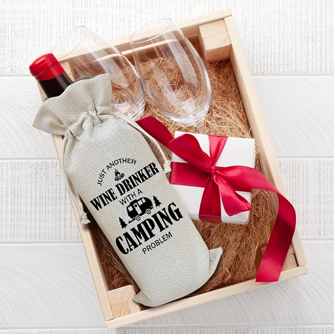 Camper Wine Bag, Camping Gift for Camper Funny Wine Gifts for Women Men Coworkers Friends, Party Favor Wine Champagne Gift Bag With Drawstring -13