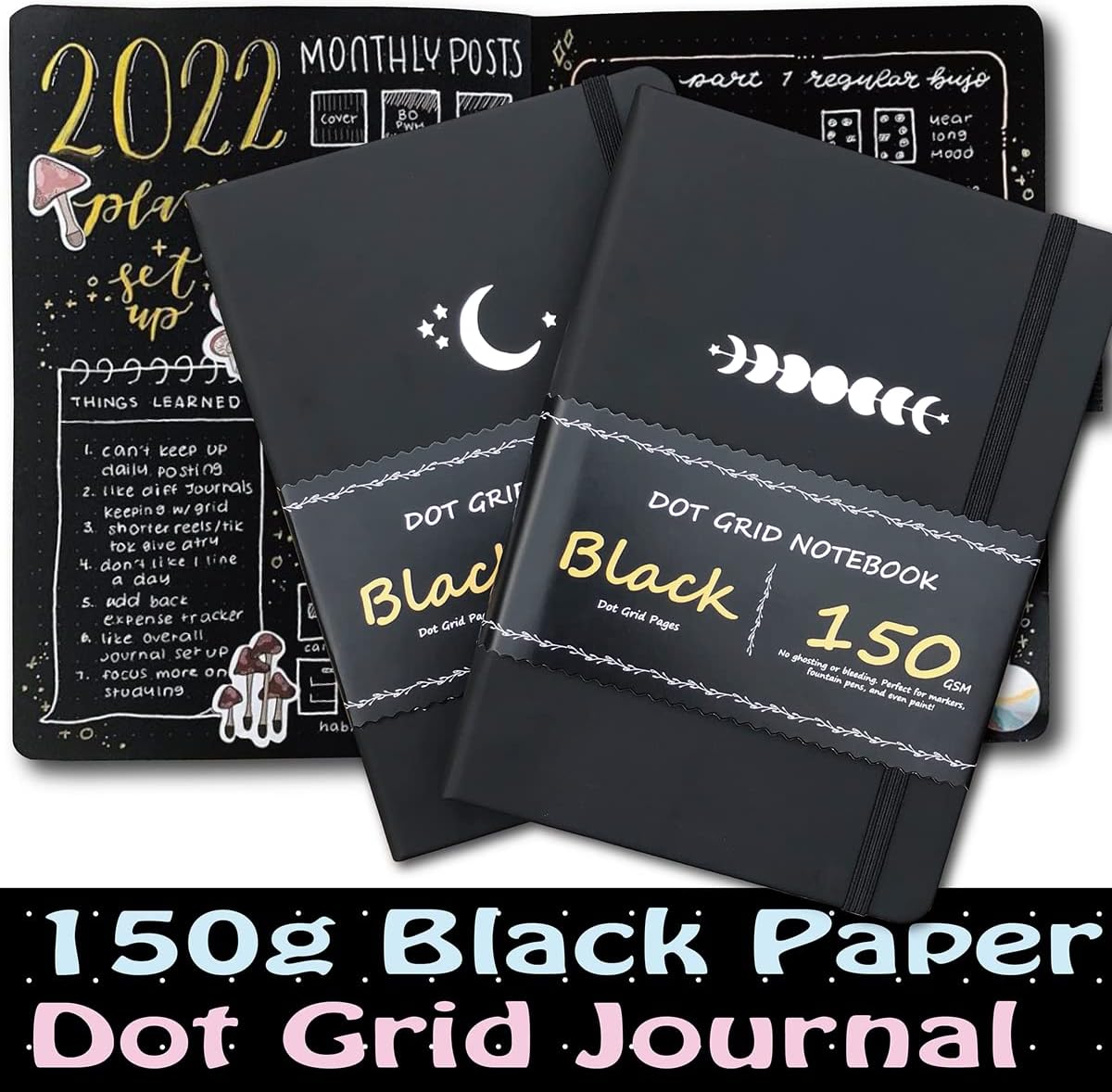BUKE Dotted Journal - Dot Grid Notebook - 150gsm No Bleed Black Paper - 160 Black Pages - For Women and Men - A5 PU Leather Hardcover 5.75" x 8.5" and Gift Box MOON Stars(BKB-4)
