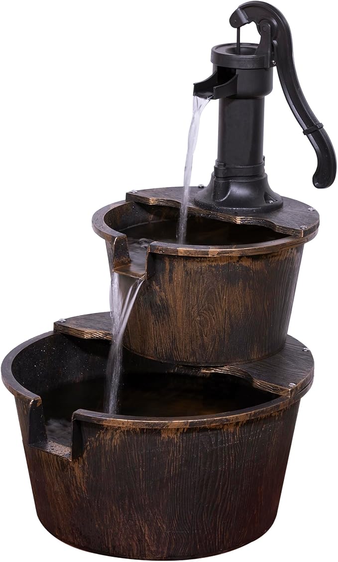 Alpine Corporation 27" Tall Rustic Outdoor 2-Tier Barrel Pump Water Fountain with Soothing Cascading Water Flow for Patio,...