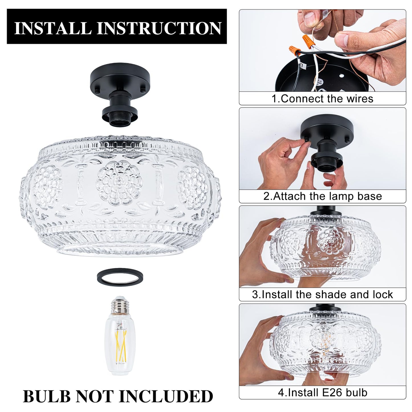 Tbaoinla Semi Flush Mount Ceiling Light Fixture - Black Metal Base & Floral Glass Shade  Modern Vintage Lighting For Entryway  Bathroom  Kitchen  Bedroom (Bulb Not Included)