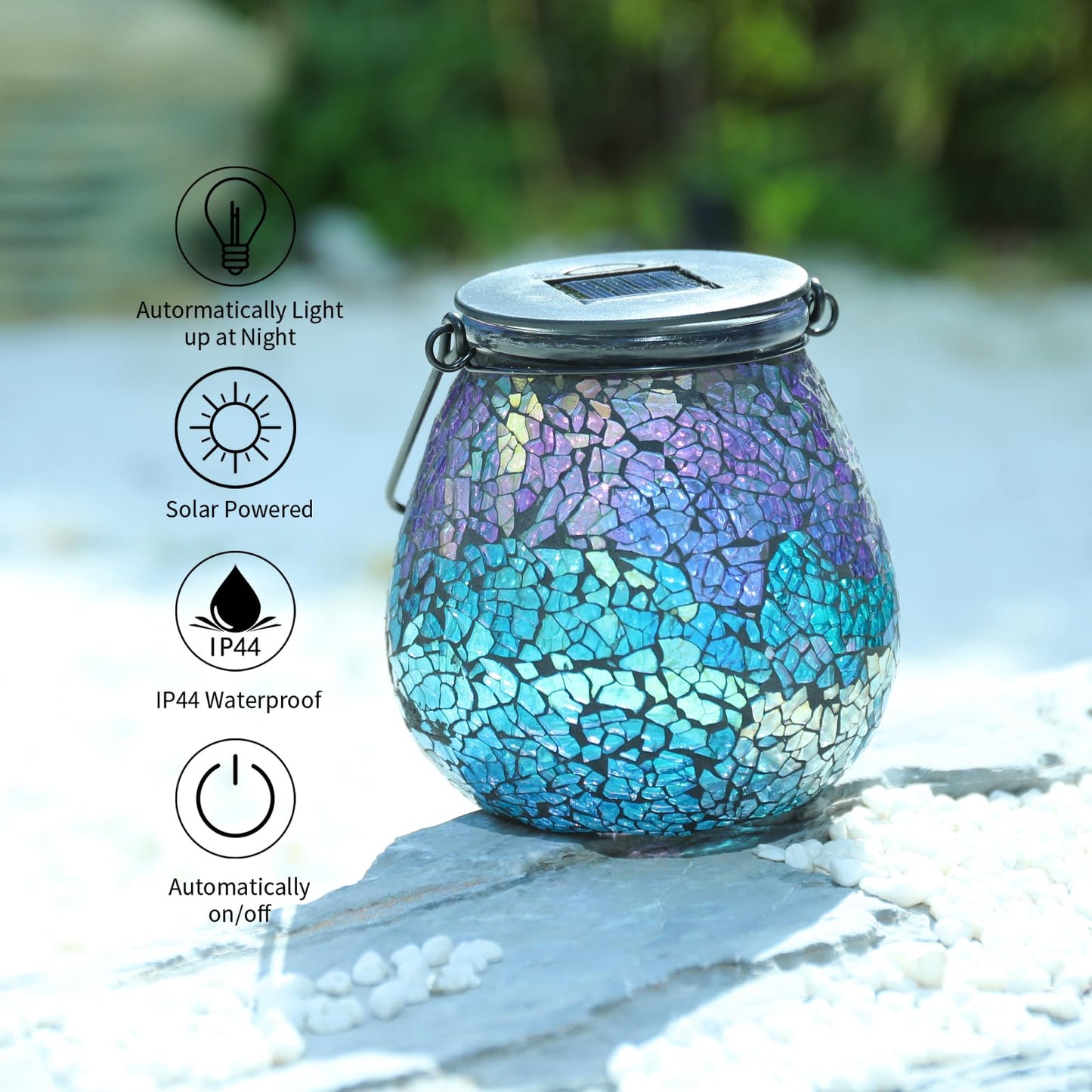 Afirst Mosaic Solar Lantern - Glass Hanging Light, Waterproof, Ice-Purple, Model 5038350A