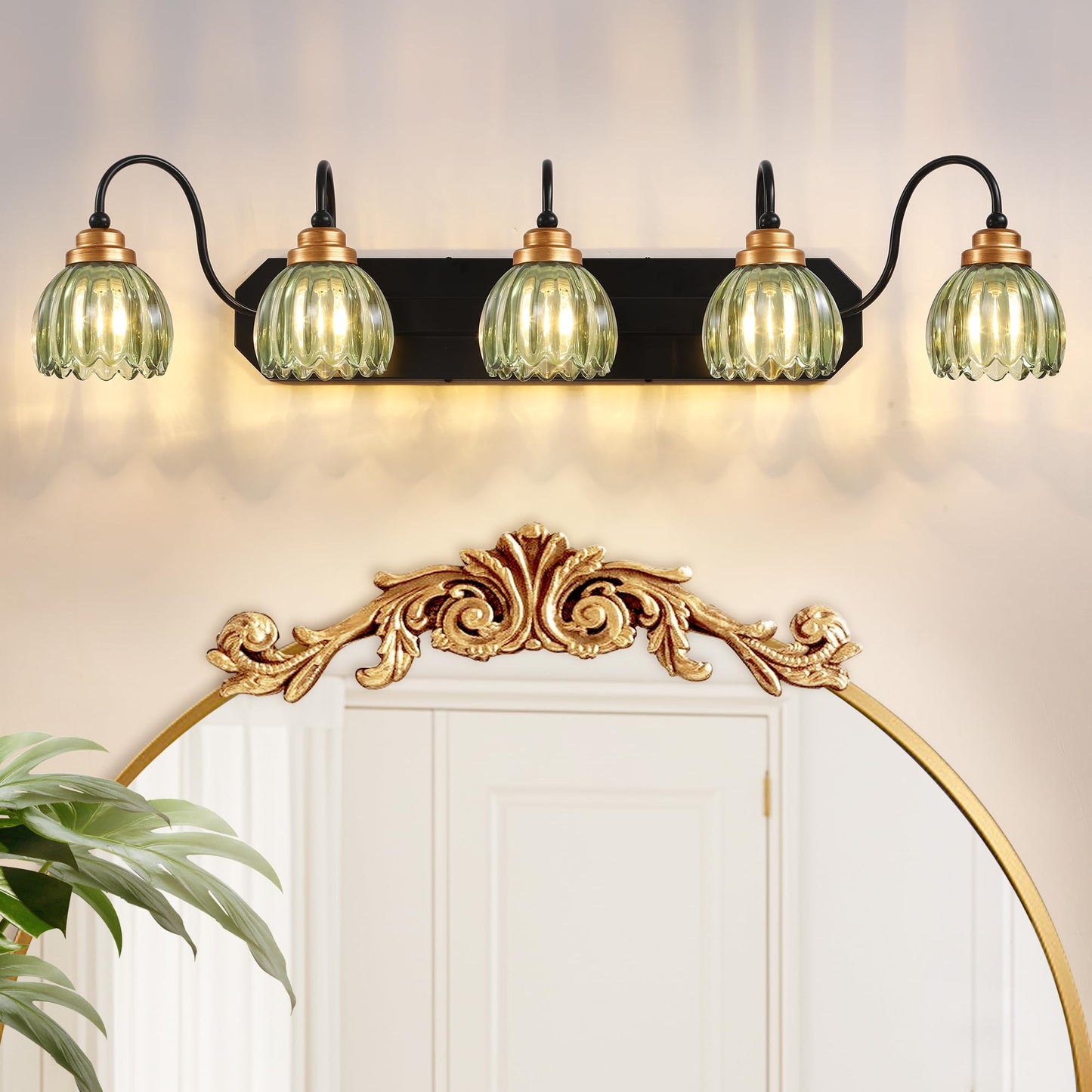Vintage Bathroom Vanity Light, 5 Light Bathroom Lighting Fixtures Over Mirror, Mid Century Style Farmhouse Light Fixtures with G
