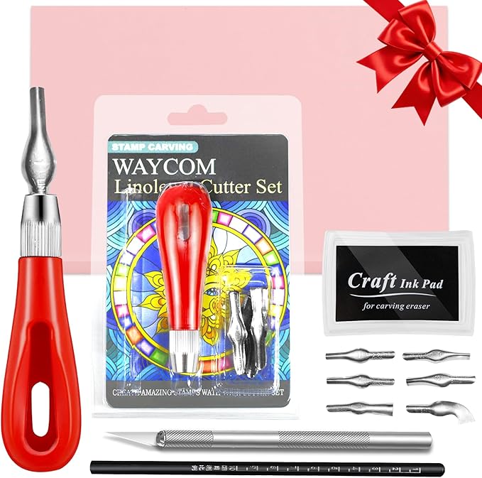 WAYCOM Rubber Stamp Making Kit: Linoleum Cutter Set Hobby Knife Pencil for DIY Stamp Carving Craft Hobby Kits Birthday Gift for Adults/Women/Men/Boys/Girls