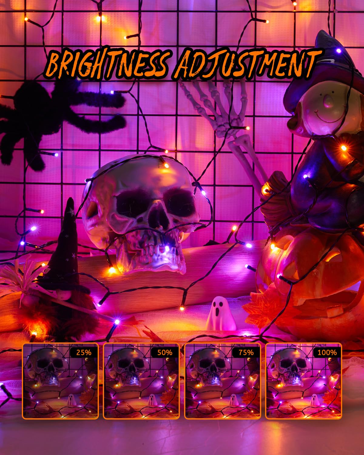 Minetom Halloween String Lights, 200 LED, 66FT, Purple & Orange, 8 Modes, Plastic, Model AED09-02900200GQIP44