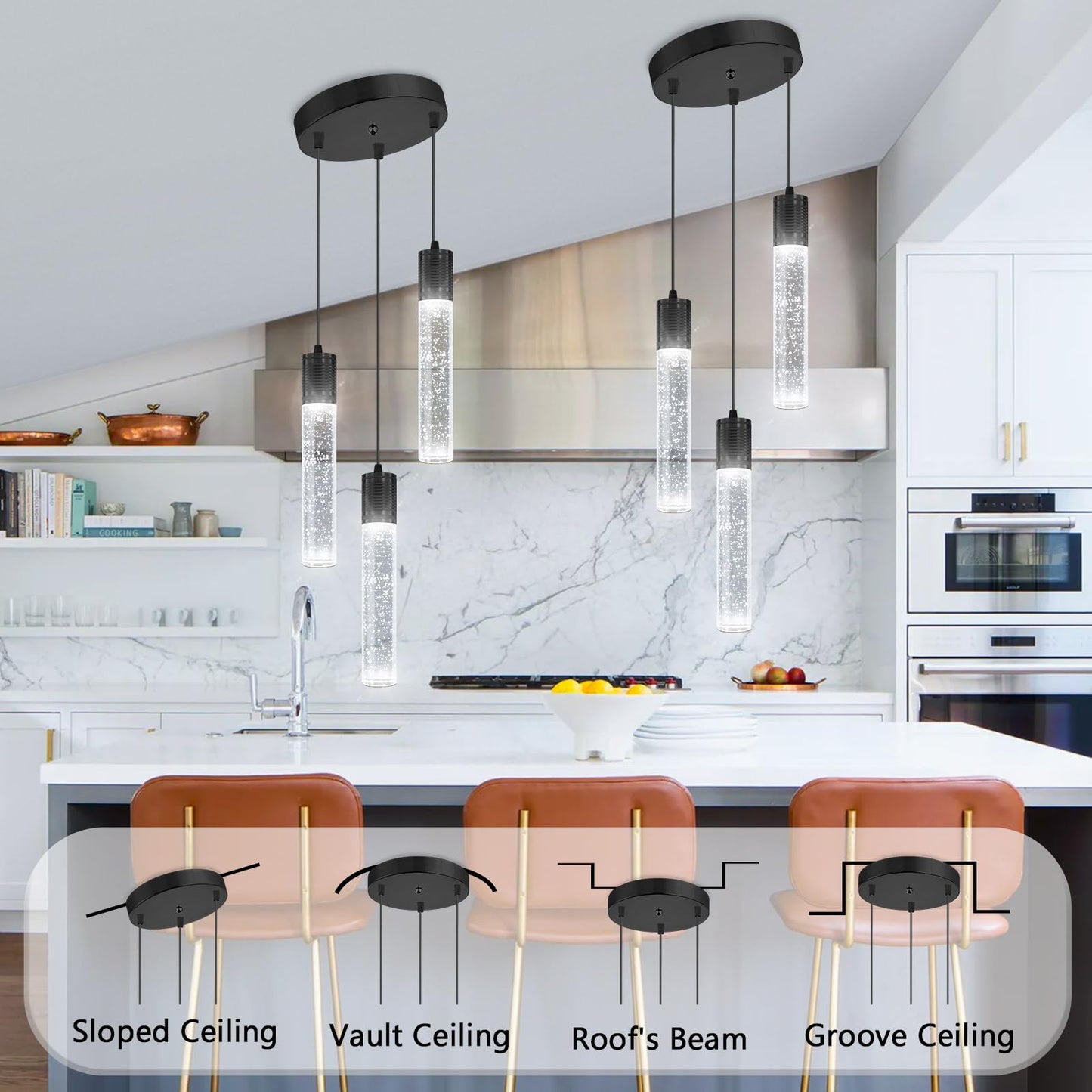 Dolria 3-Lights Pendants Light For Kitchen Island Chandeliers Dining Room Pendant Lighting Fixture Bubble Crystal Ceiling Hanging Lights Bedroom Island Kitchen 6000K White Light Fixtures Black