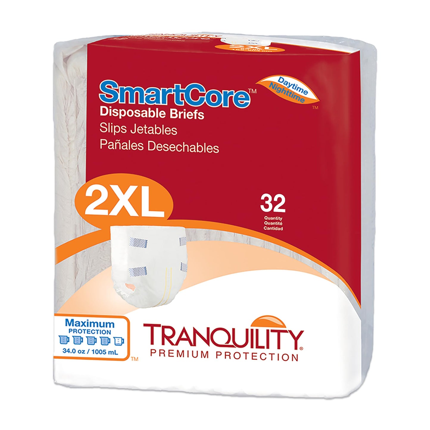 Tranquility SmartCore Adult Disposable Briefs, Incontinence Control with Breathable Kufguard Technology, Fastening Tabs & Wetness Indicator, Latex-Free, Adult XX-Large, 34oz Capacity, 32ct Case