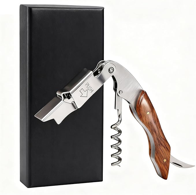 Wine Opener, Wine key, Corkscrew, Wine Bottle Opener w/Foil Cutter and Cap Remover for Servers, Bartenders, Waiters, Sommelier, Wine lover (Burl Wood, Standard)