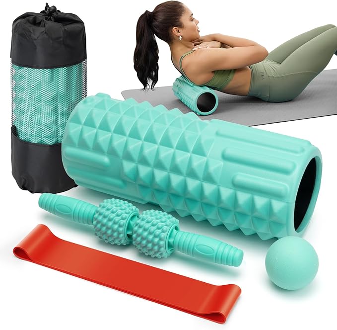 5 in 1 Foam Roller Set - Back Roller Foam, Massage Roller Stick, Massage Ball, Resistance Band for Physical Therapy & Deep...
