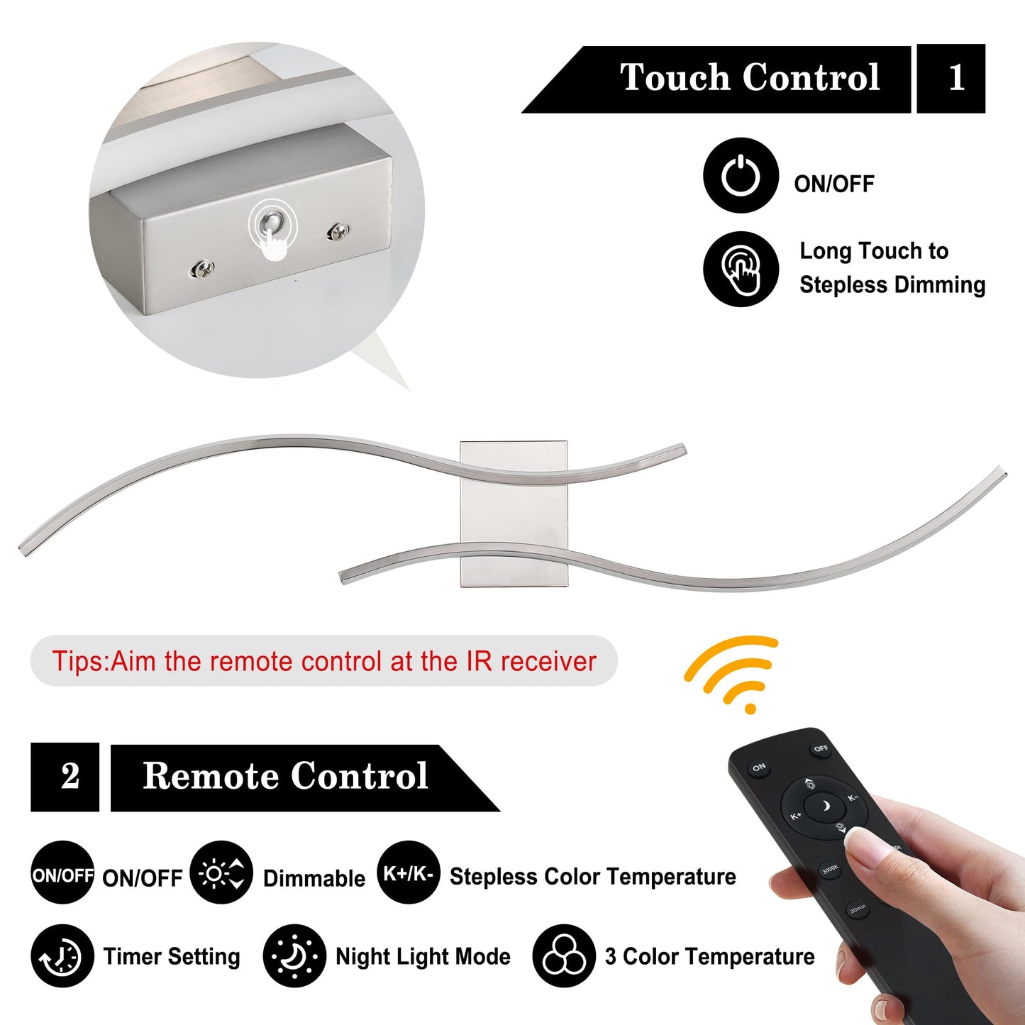 KARTOOSH Battery Operated Wall Sconces Set of 2, Remote Control, Stepless Colors 3000K-6000K, Nickel, 39.3 Inch, Model Z
