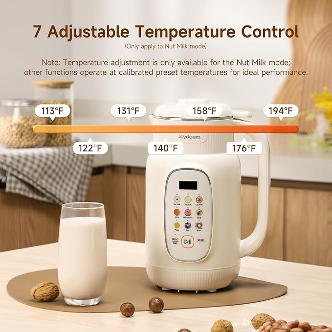 Joydeem Nut Milk Maker Machine,Adjustable Temperature Control, 46oz Almond, Soy, Oat, Coconut Plant-Based Non-Dairy Beverage Blender with 10 Blades, Auto Clean, Boil Water, Timer, Keep Warm, White
