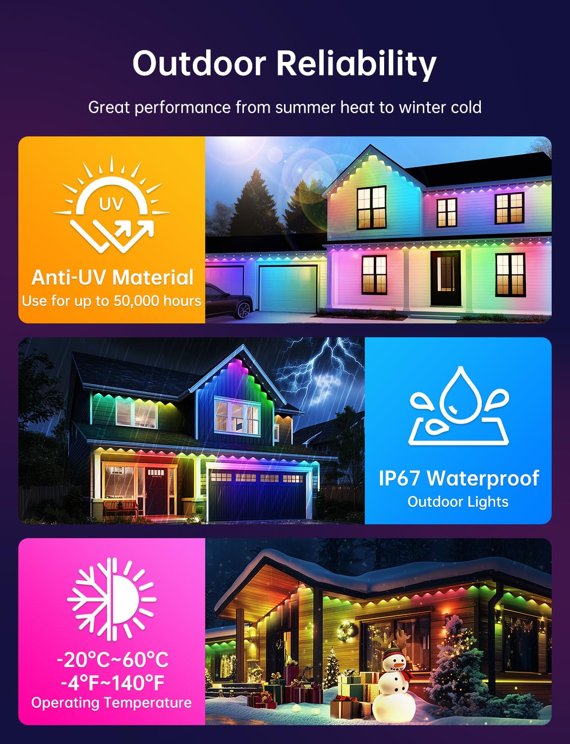 lemonlovely Permanent Outdoor Lights, 50ft, 25 Smart IC+RGB+CW LEDs, Waterproof, White, Model 2323, App/Remote Control