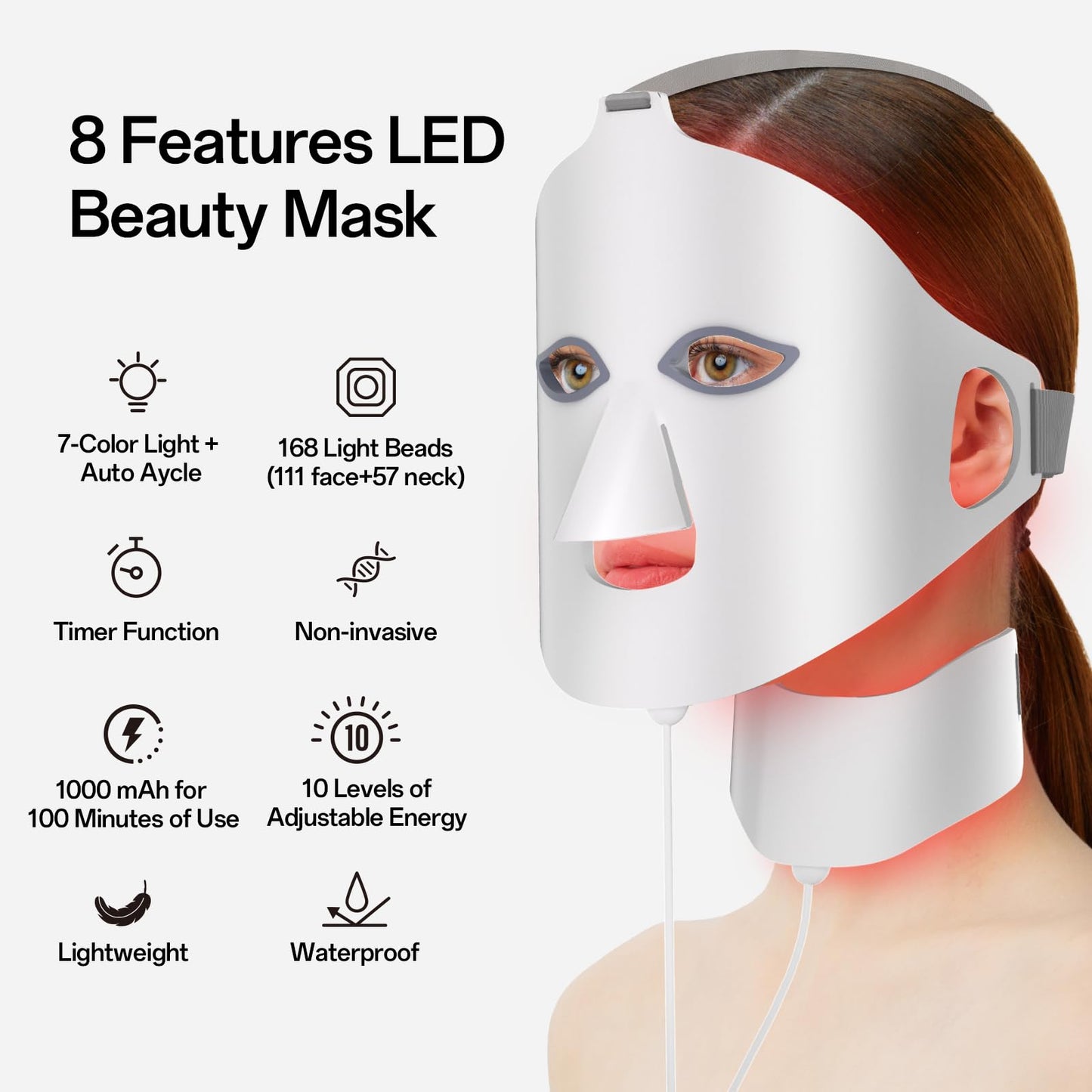 Facego Red Light Therapy for Face and Neck - 7 Colors Red Light Mask, Facial Skin Care Device, Portable, Rechargeable and Ergono