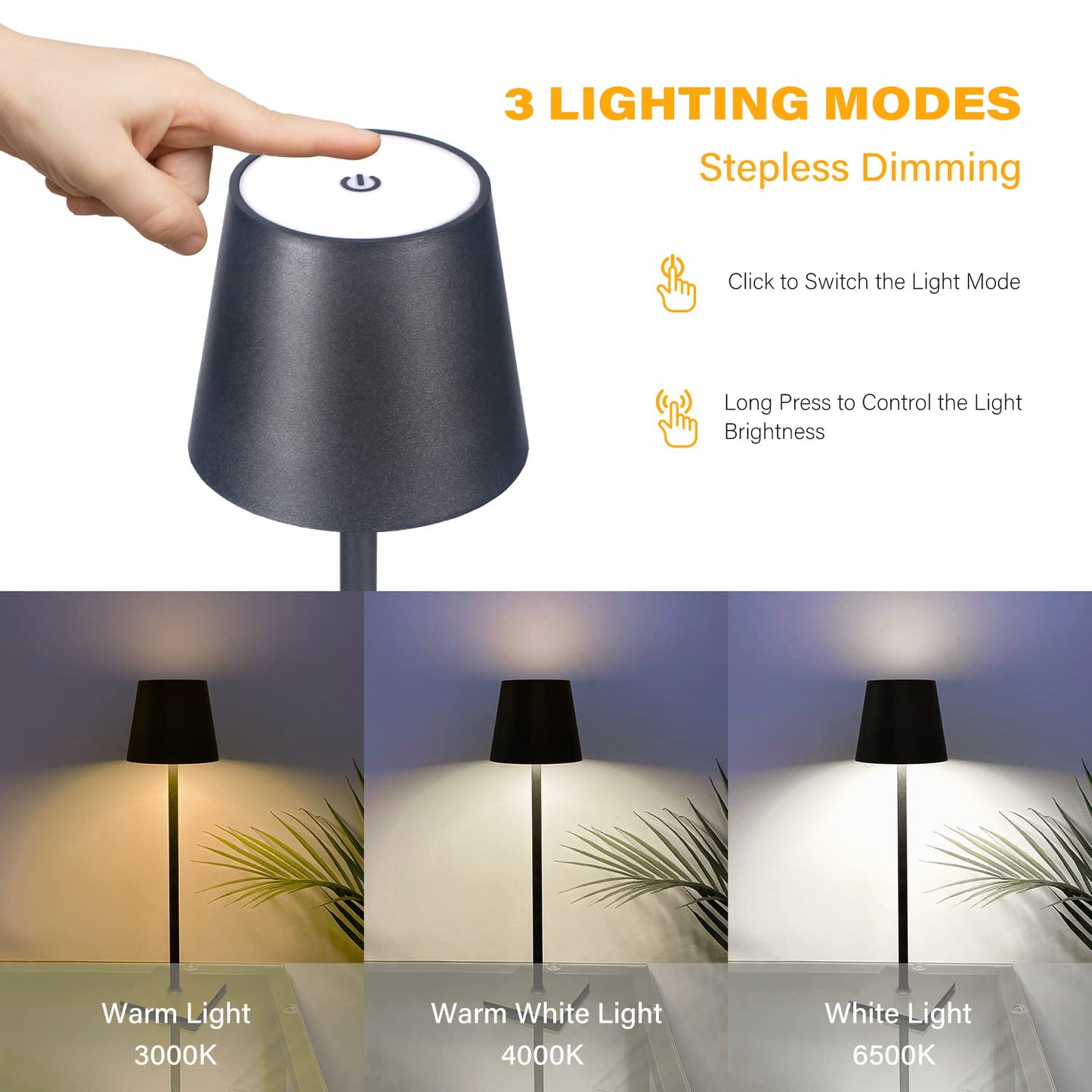CHLORANTHUS LED Table Lamp, Cordless, Stepless Dimming, 14.96 IN x 4.13 IN, Rechargeable, Black