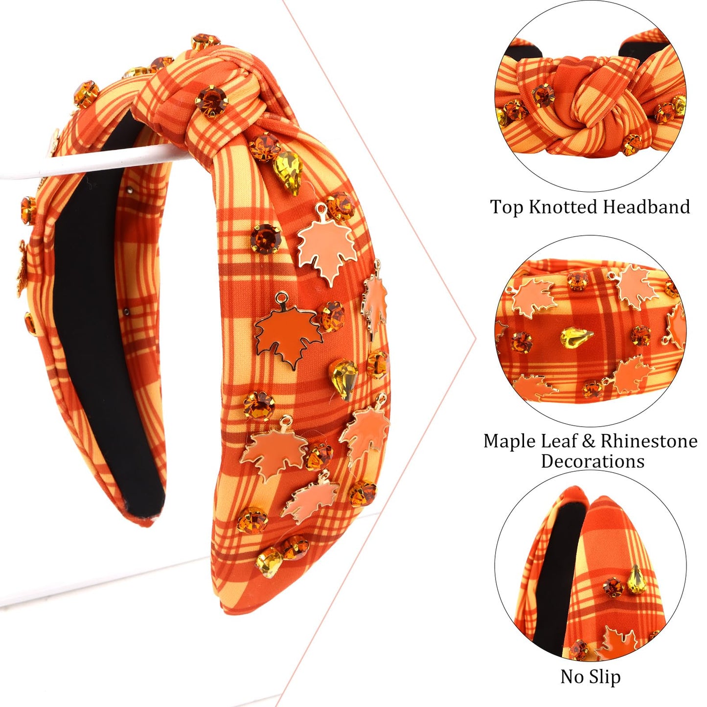 CURASA Thanksgiving Day Fall Headbands For Women Rhinestone Knotted Headband Maple Leaf Non Slip Jeweled Hairband Embellished Ha