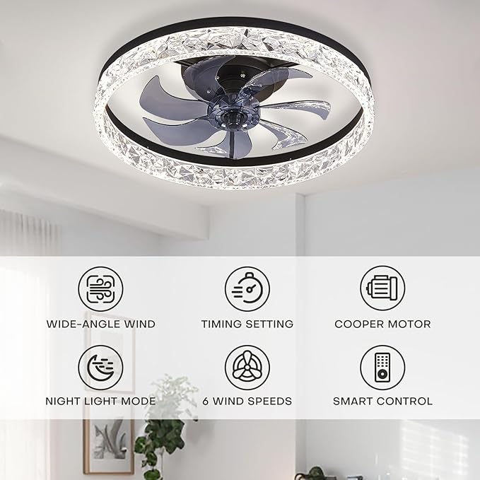 STERREN 19.7'' Crystal Ceiling Fan with Light, Modern Low Profile Ceiling Fans with Remote Control, Dimmable Flush Mount LED Fandelier for Living Room, Bedroom, Home Office, Kitchen, Black