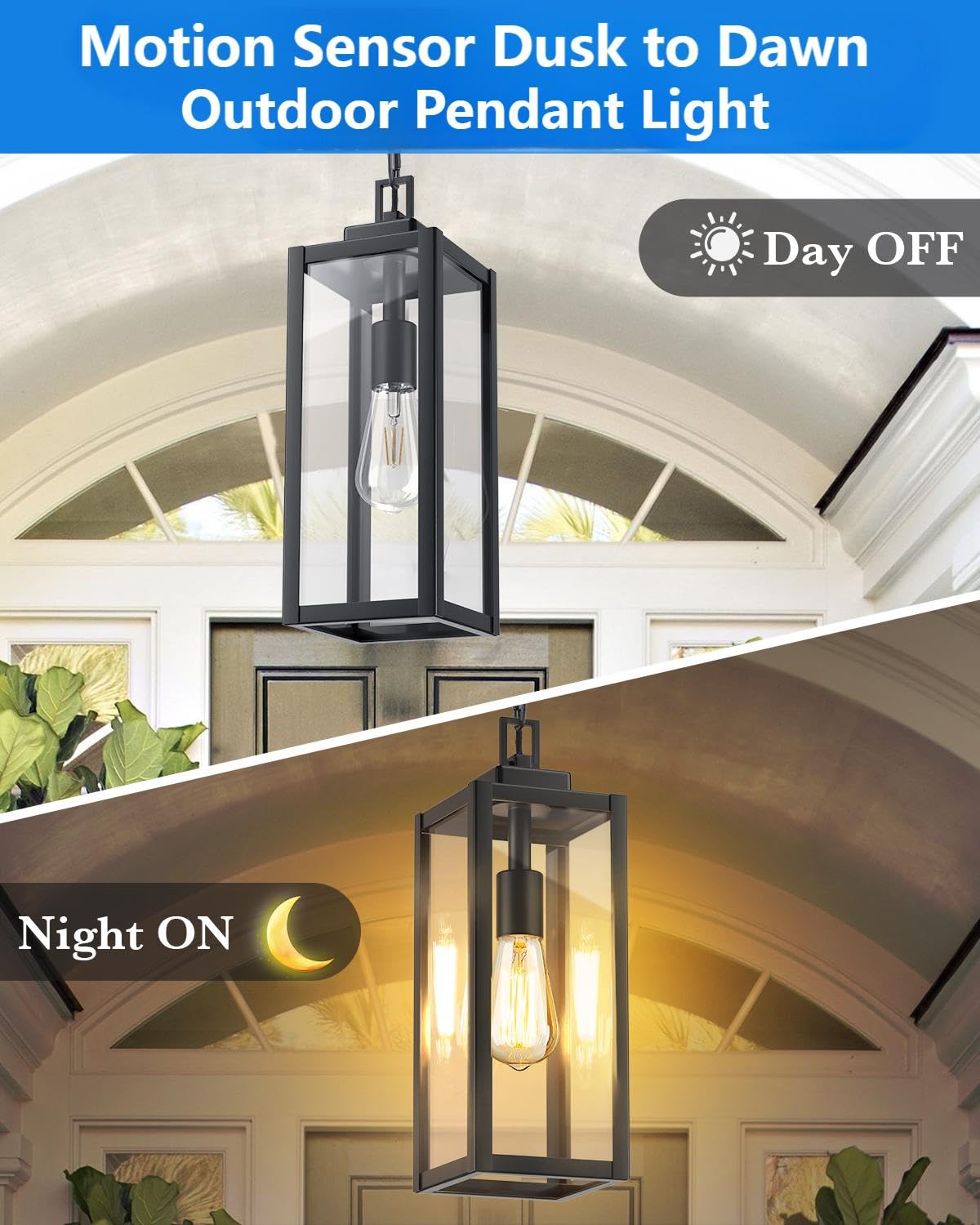 Myhxq 15 Large Motion Sensor Outdoor Pendant Lights  Dusk To Dawn Modern Outside Chandelier Outdoor Hanging Lantern With Clear Glass  Exterior Pendant Lighting Fixture For Porch  Yard  Black  1Pack
