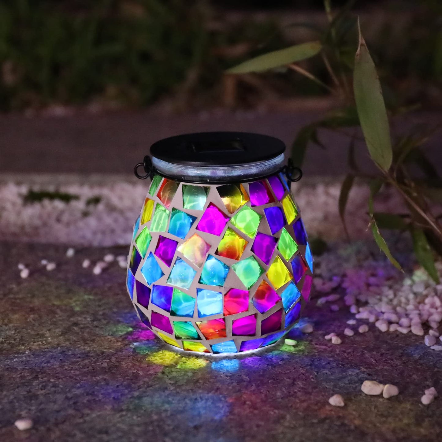 Afirst Mosaic Solar Lantern - Glass Hanging Waterproof Table Lamp for Garden, Patio, Holiday Party - Cube Model 4431890