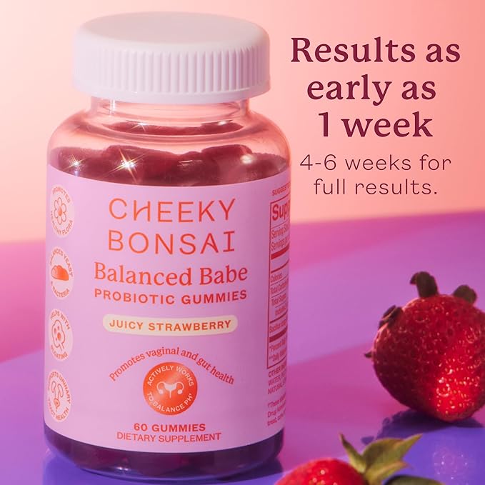 Cheeky Bonsai Balanced Babe Vaginal Probiotic Gummies for Women - Balanced pH, Healthy Odor, and Flora Support - 5 Billion CFUs - Juicy Strawberry Flavor, 60 Count