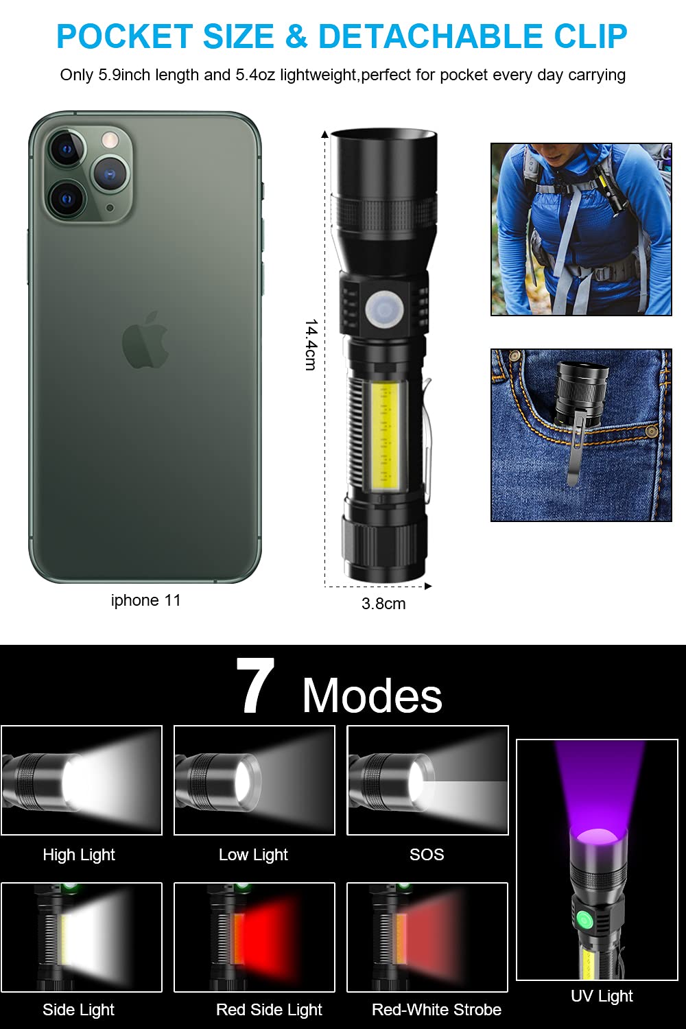 Spriak UV Flashlight Rechargeable 3-in-1 Tactical Blacklight & Redlight, Waterproof, Zoomable, 2 Pack, Black