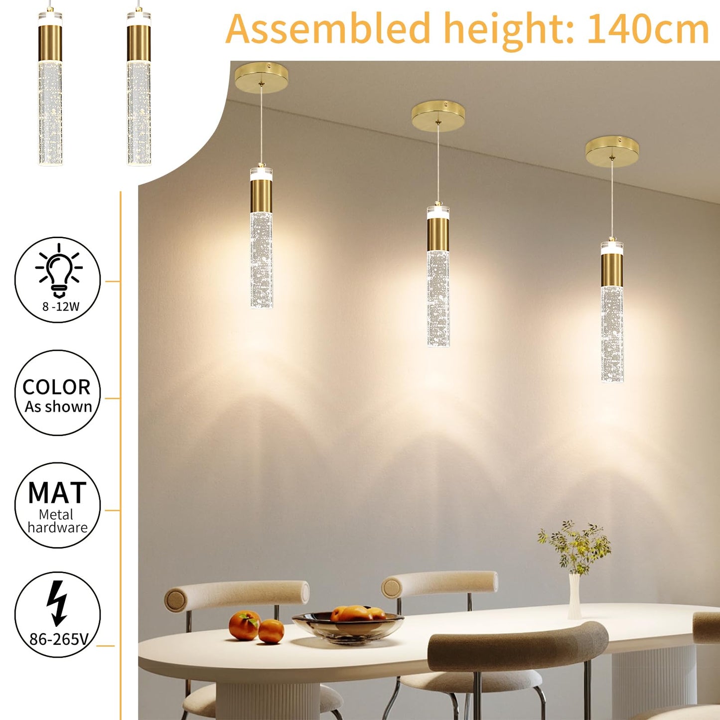 2 Pack Modern Kitchen Island Pendant Lights  Gold Bubble Crystal Ceiling Hanging Light  3 Color 2700K/4500K/6500K  Mini Linear Led Chandelier Lighting For Dining Room  Bedroom  Bar  Hallway  Bedside