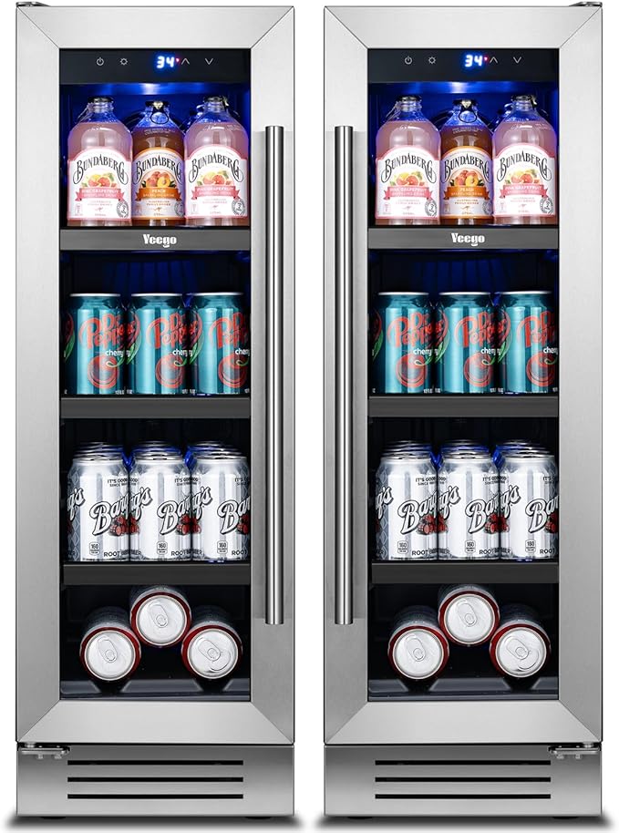 Yeego Beverage-Refrigerator,12 Inch Beverage Cooler 2PCS Small Wine Fridge Built-in or Freestanding with Auto Defrost, Mini Fridge with Glass Door for Bottles and Cans Beer/Soda/Water/Wine