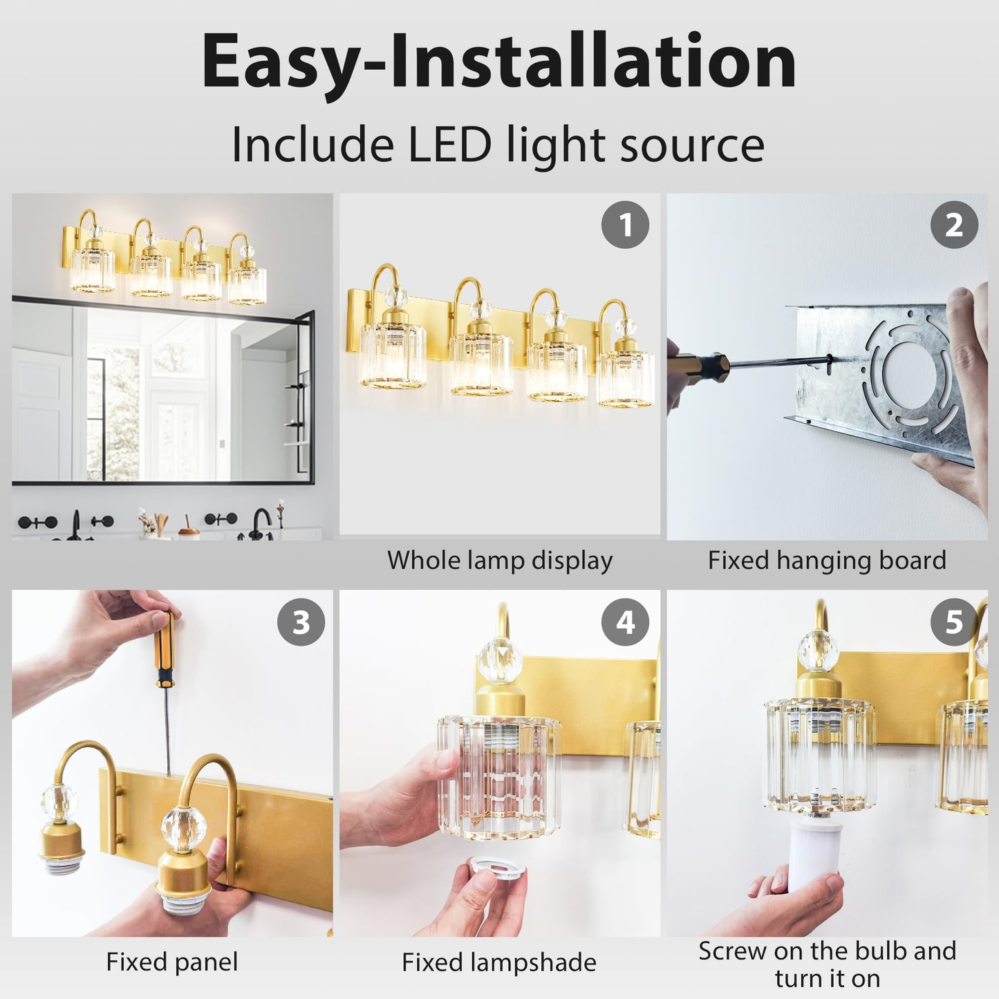 Diamondforge Bathroom Vanity Light Fixtures Over Mirror - Makeup Lighting Pure Gold - For Modern Wall  Bath  Desk  Farmhouse  Hallway - 4 Crystal Lights