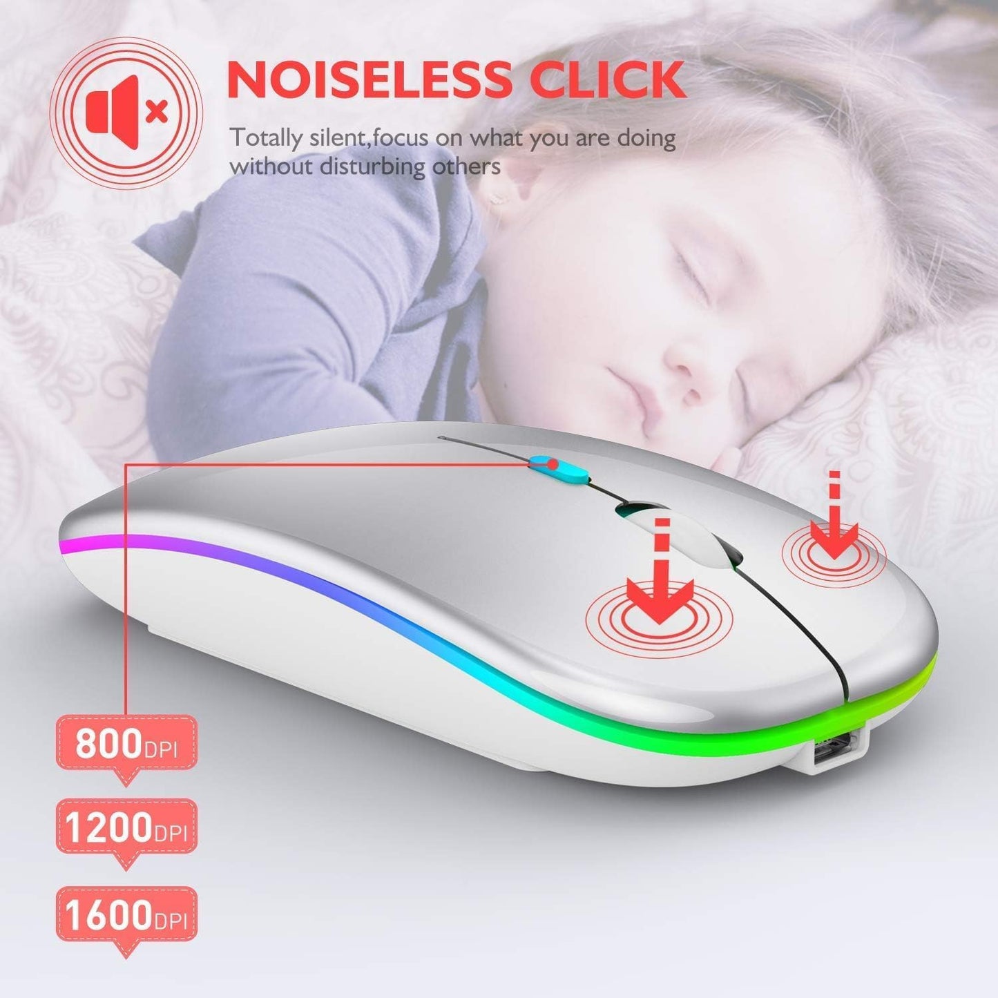 Qullqian Wireless Bluetooth Mouse for MacBook Air/Mac/Pro/Laptop/Computer/PC,Rechargeable Dual Mode Switch Mouse Bluetooth 5.2 & BT3.0 + 2.4GHz USB-A & 2.4GHz USB Type-C (Silver)