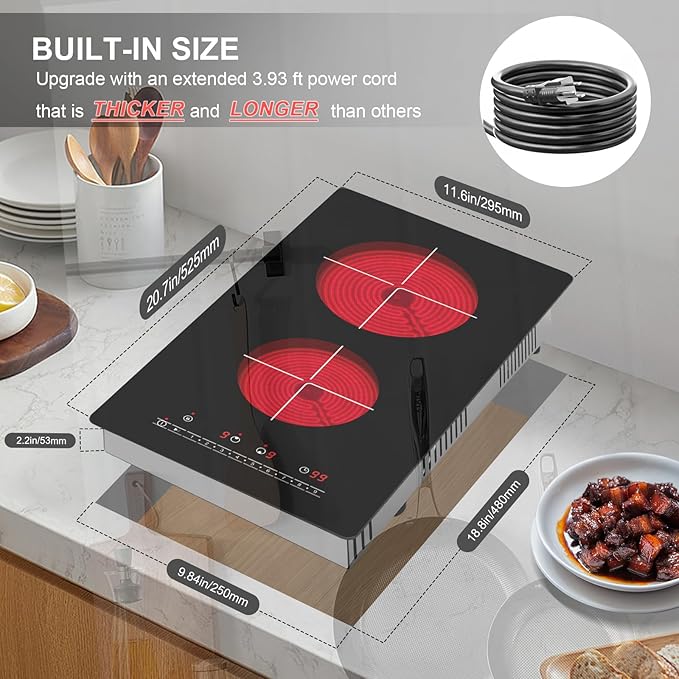 Alemania 12 Inch Electric Cooktop 120V, Dual Burner 2000W Radiant Ceramic Stove, Drop-in & Countertop Plug-in Cook Top with Timer, 9 Power Levels & Touch Controls