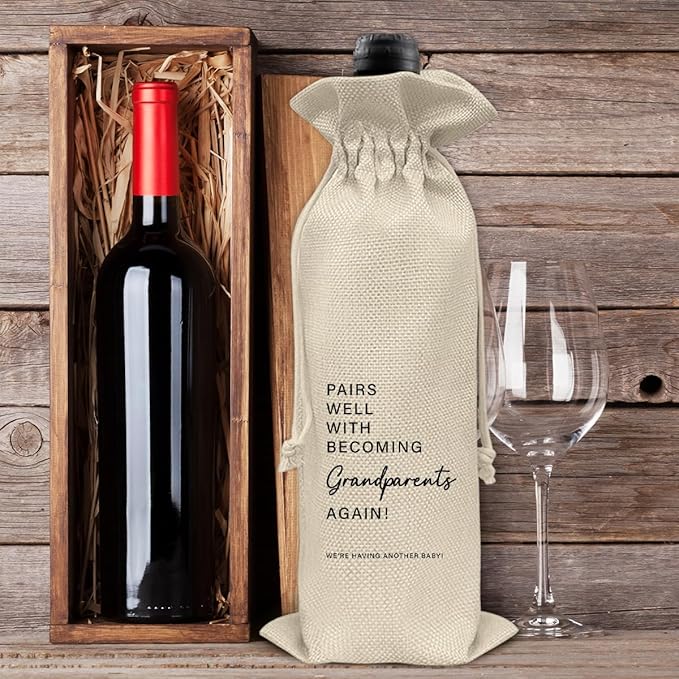 Pregnancy Announcement Wine Bag, Second Baby Announcements Gifts for Grandma Grandpa, Baby Reveal Gift, Pregnant Again, Becoming Grandparents Again Wine Gift Bag